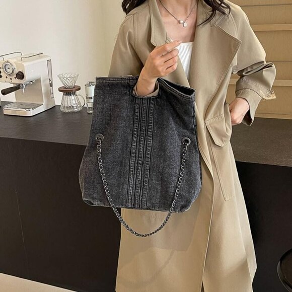 Women Denim Shoulder Handbag Retro Crossbody Bag Large Capacity Tote Purse Chain - Picture 2 of 6